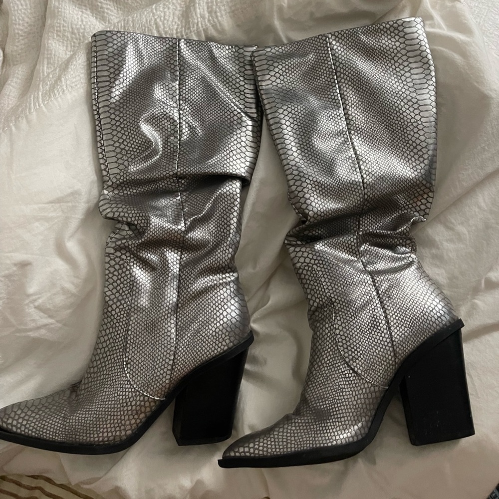 Dolce Vita Silver Snakeskin Ruched Boots